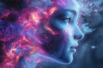 Fototapeta premium A woman's face is surrounded by swirling flames and smoke, creating a surreal and ethereal portrait.