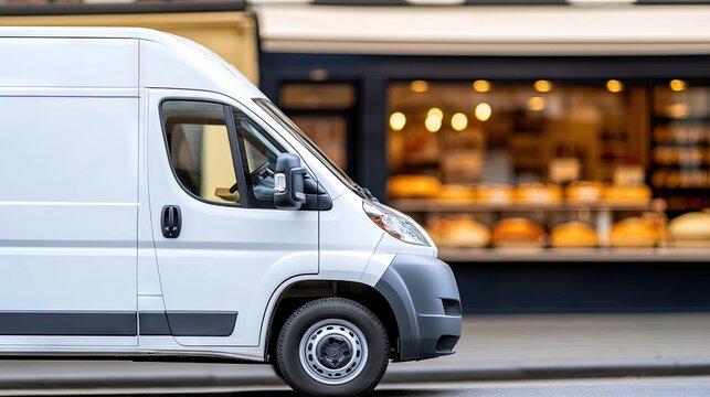 A white refrigerated van parked near a bakery under soft afternoon light, showcasing the delicious offerings through the store window