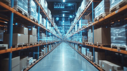 Obraz premium Modern warehouse, shelves filled with paper boxes, scanning data