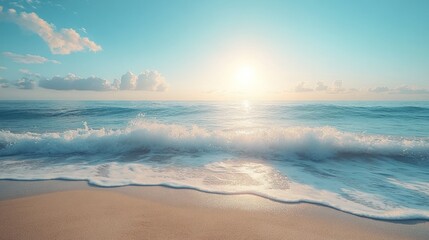 Obraz premium A breathtaking view of the ocean at sunrise, with foamy waves breaking on a sandy beach. The sun is just above the horizon, casting a warm glow on the water.