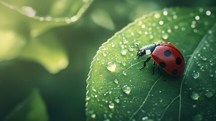 Fototapeta premium A tiny ladybug resting on a bright green leaf, its red shell dotted with perfectly symmetrical black spots, with dewdrops sparkling around it