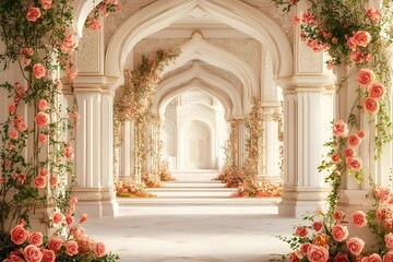 A grand white archway adorned with flowers generative AI	
