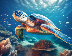 Fototapeta premium Giant turtle swimming in an amazing ocean full of life 