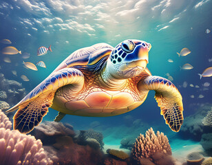 Obraz premium Giant turtle swimming in an amazing ocean full of life 