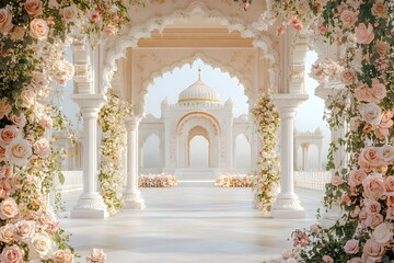 A grand white archway adorned with flowers generative AI	
