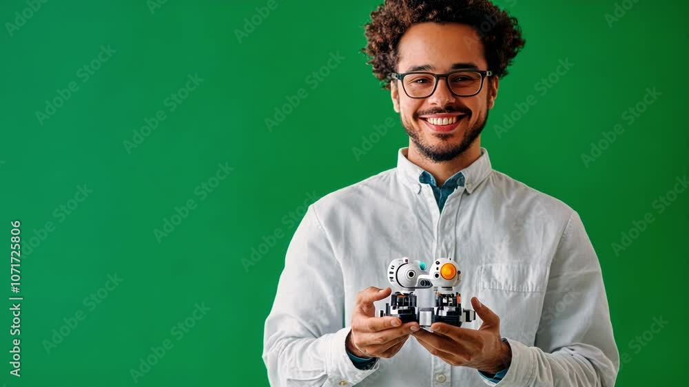 Poster smiling scientist holds a robot in front of a green screen, showcasing innovation and technology in 