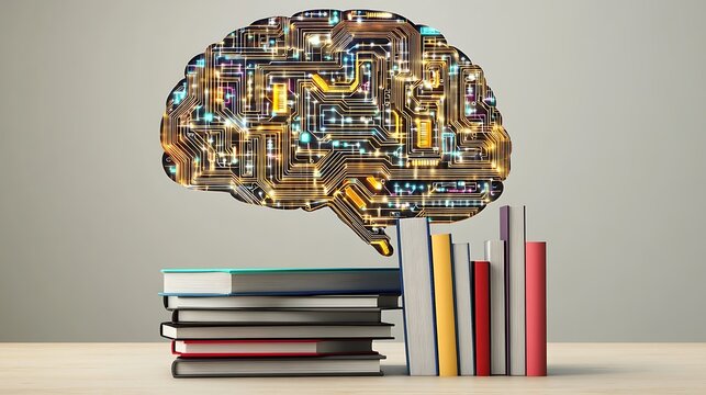 Concept of a digital brain with books and abstract circuits, signifying the influence of technology on the future of education