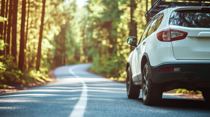 Naklejka premium SUV driving on a winding forest road, surrounded by tall trees and sunlight, symbolizing adventure and nature exploration