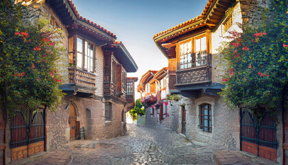 Fototapeta premium Historical houses built with wooden and stone architecture in Turkey. Tourism geography texture with bay window structure, narrow streets, stone pavements, engraved windows and ivy flowers.