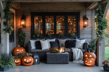 Fototapeta premium Spooky Halloween front porch with pumpkins, jack-o'-lanterns, black and gray decor, and cozy seating area, illuminated for festive atmosphere.