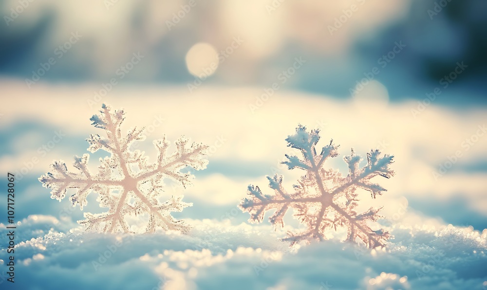 Poster two delicate snowflakes resting on a snowy surface, shimmering in soft light.