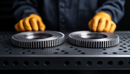 A worker in yellow gloves inspects two metal gears on a perforated surface, highlighting industrial craftsmanship and engineering.