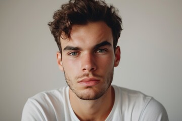 Fototapeta premium A young man displays confidence with a serious expression and intense focus. The close-up highlights his features against a simple backdrop, emphasizing his individuality.