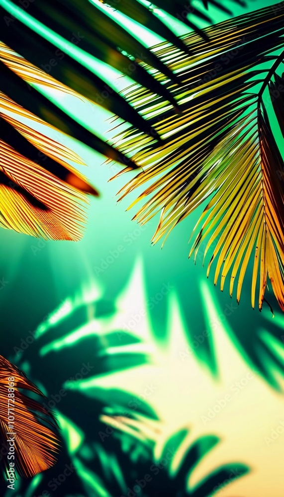 Poster view of various tropical plants with striking green leaves, set against a backdrop with copy space, 