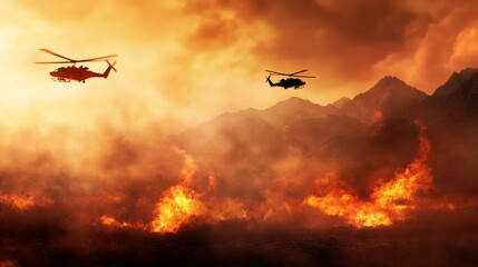 Fototapeta premium Dramatic Aerial Helicopter Flight Over Fiery Landscape Under Intense Sunset Skies
