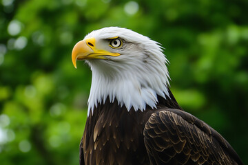 Obraz premium A majestic bald eagle with a yellow beak on blurred background. Generative AI