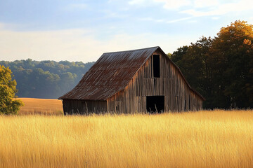 Obraz premium A beautiful rustic barn situated in a golden field beneath a clear and sunny sky. Generative AI