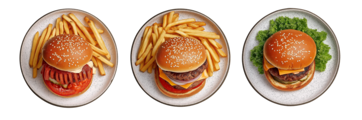 Assorted Burgers with Fries and Lettuce on Plates, Isolated on Transparent Background for Food, Restaurant, and Fast Food Themes
