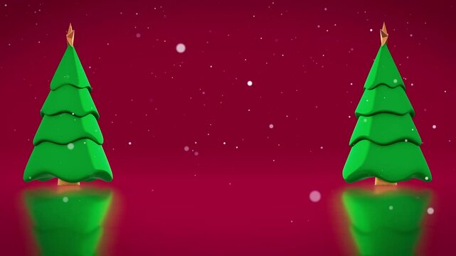 4k animation of 3d cute Christmas tree in snow background. New Year Christmas trees on festive red background, Christmas pattern of trees with stars and falling snow, concept of Happy New Year 2025