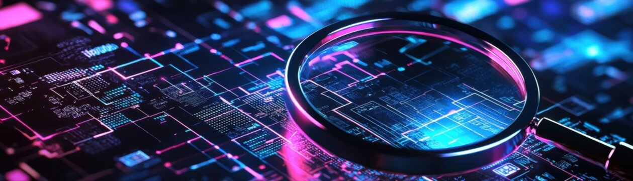 A magnifying glass on a network circuit as Exploring cloud ai technology and its role in enhancing cybersecurity compliance audits
