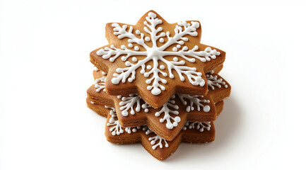 A stack of gingerbread cookies shaped like stars with white icing snowflakes on them, isolated against a clean background. The cookies are decorated in the center and along their e