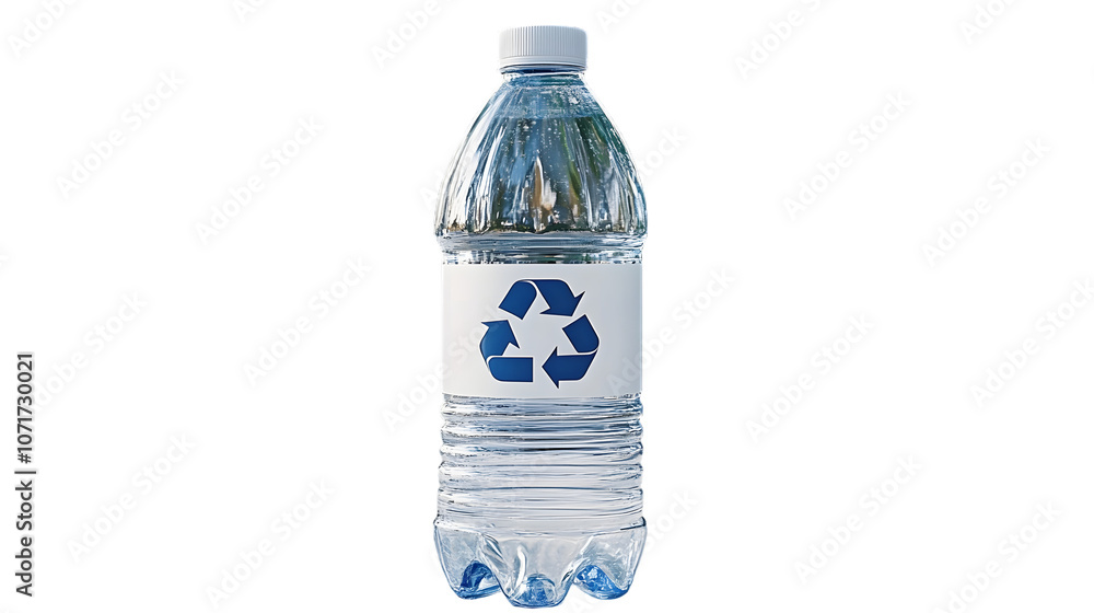 Poster a clear plastic water bottle with a recycle symbol on its label. photorealistic image isolated on a 