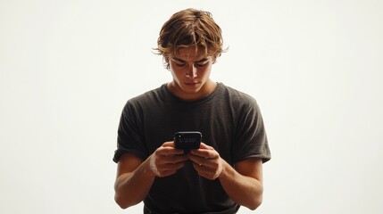 Fototapeta premium A realistic half body shot of a young man engrossed in playing a mobile game against a clean white background conveys digital engagement and focus, showcasing an immersive gaming experience.