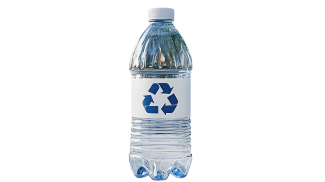 A clear plastic water bottle with a recycle symbol on its label. Photorealistic image isolated on a white background showing the bottle from a side angle. Large space for text in center Stock Photo