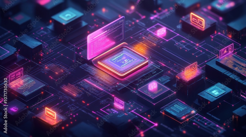 Poster a 3d rendering of a futuristic circuit board with glowing neon lights and digital icons.