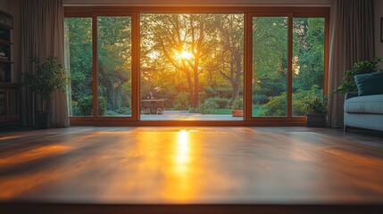 Fototapeta premium Sunlight streaming through large windows in a living room with a view of a garden.