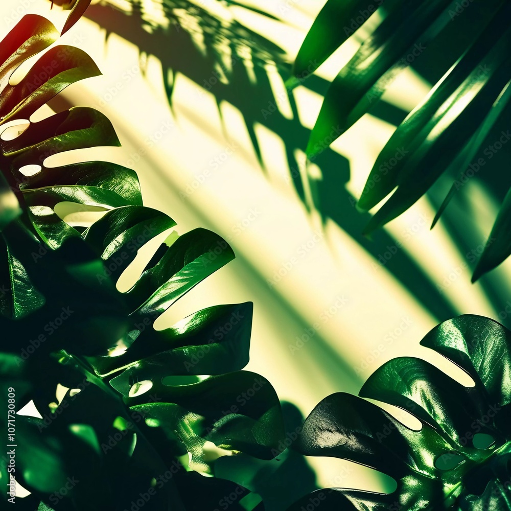 Poster view of various tropical plants with striking green leaves, set against a backdrop with copy space, 