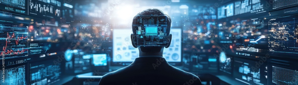 Aufkleber explore the future of ai technology in a high-tech control room with avatars and advanced data visua