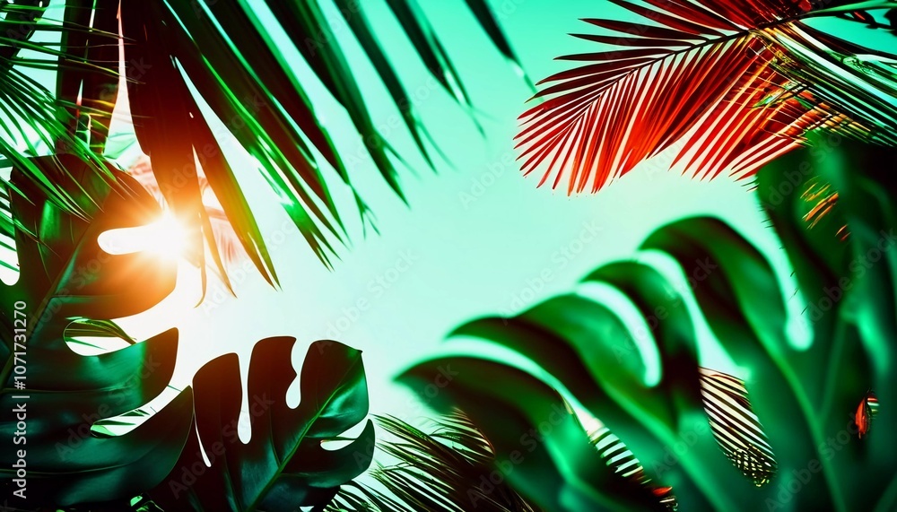 Poster view of various tropical plants with striking green leaves, set against a backdrop with copy space, 