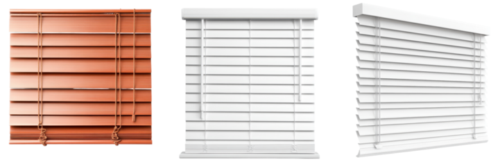 A set of minimalist window blinds or shades in a contemporary home or office interior offering privacy and control over natural lighting through adjustable horizontal or vertical slats made of wood