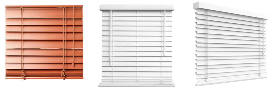 A set of minimalist window blinds or shades in a contemporary home or office interior offering privacy and control over natural lighting through adjustable horizontal or vertical slats made of wood