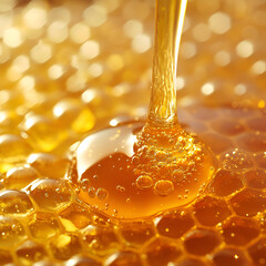honey dripping from a spoon, Honey Drip Close-up, Golden Honey Pour"
"Honey on Honeycomb