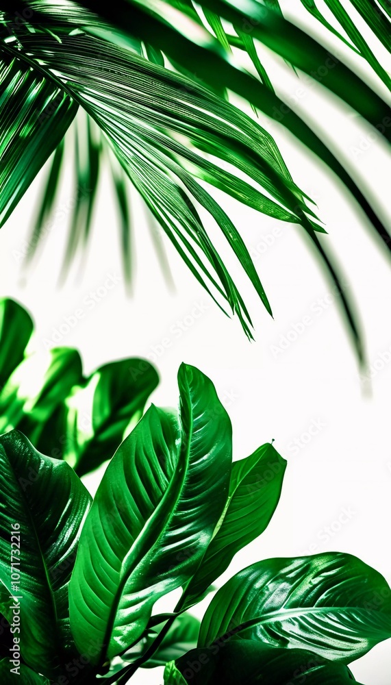 Poster view of various tropical plants with striking green leaves, set against a backdrop with copy space, 