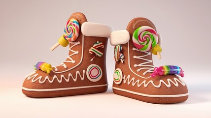 3d Cartoon gingerbread shoe with candy decorations on isolate	
