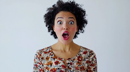 Surprised Woman with Curly Hair Against Plain Background