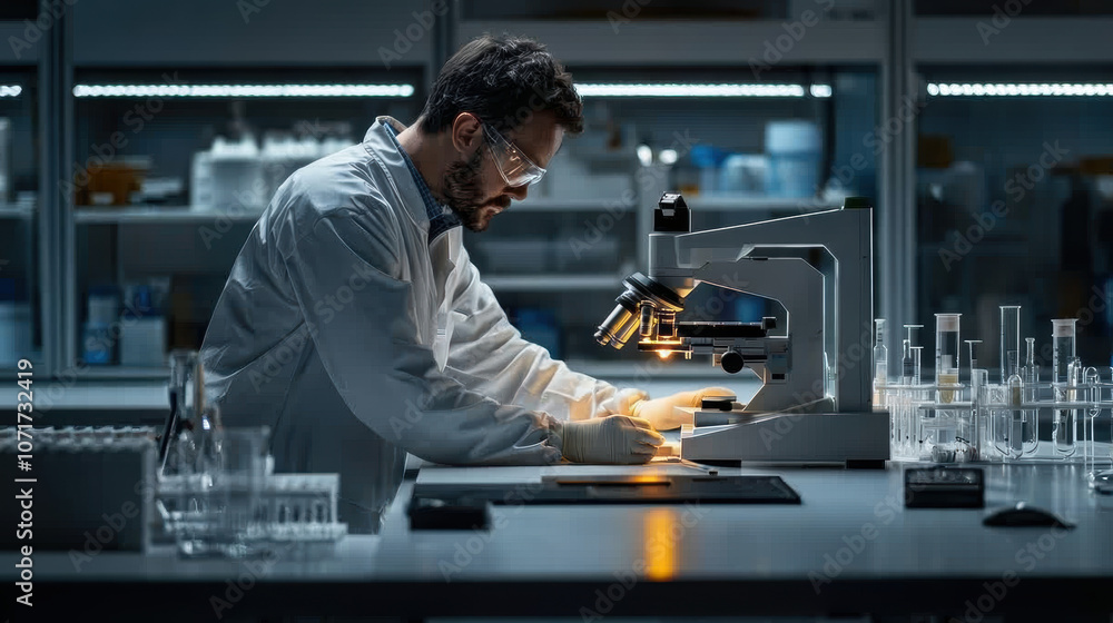 Poster a scientist conducts research in a lab, using a microscope and analyzing samples under focused light