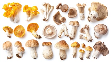 Assortment of Edible Mushrooms Isolated on White Background