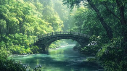 Stone Bridge in a Tranquil Forest