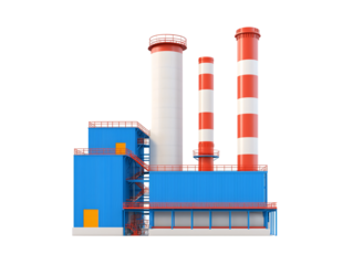 a blue and red building with several tall smoke stacks