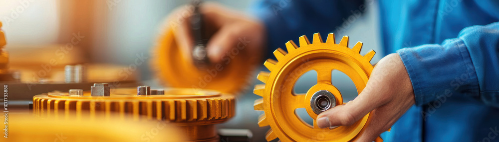 Poster the image shows hands assembling yellow gears, emphasizing precision and craftsmanship in mechanical