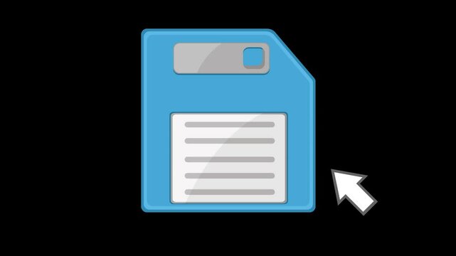 video animation arrow shape mouse cursor click on floppy disk icon, in concept of save file computer device. On a transparent background with alpha channel set to zero