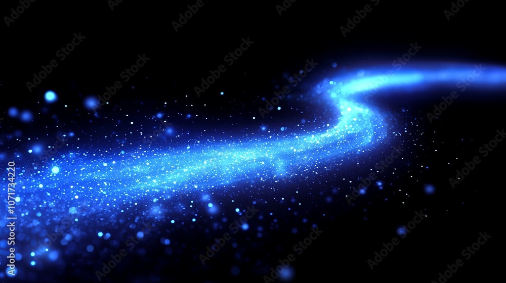 Poster the abstract blue light track and luminous particles on the black background symbolize high-speed di