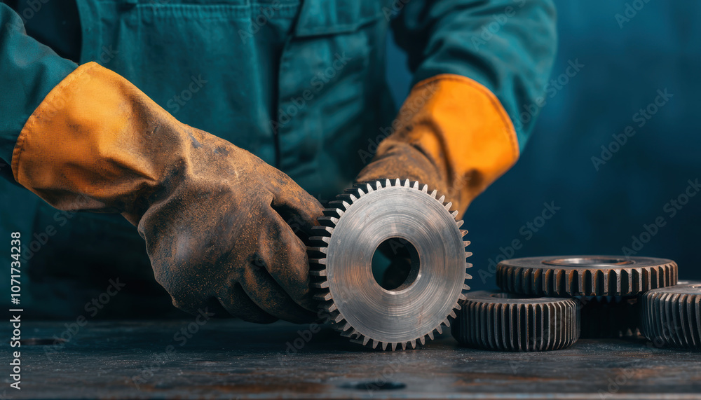 Poster a worker in protective gloves handles gears on a table in a workshop, emphasizing machinery and indu