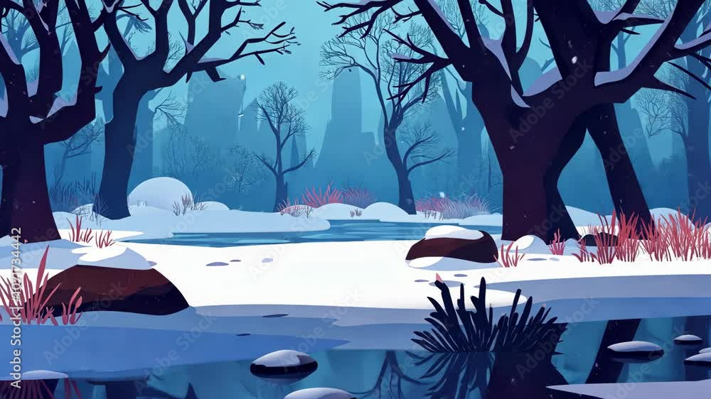 Poster a snowy forest scene with a frozen stream running through it