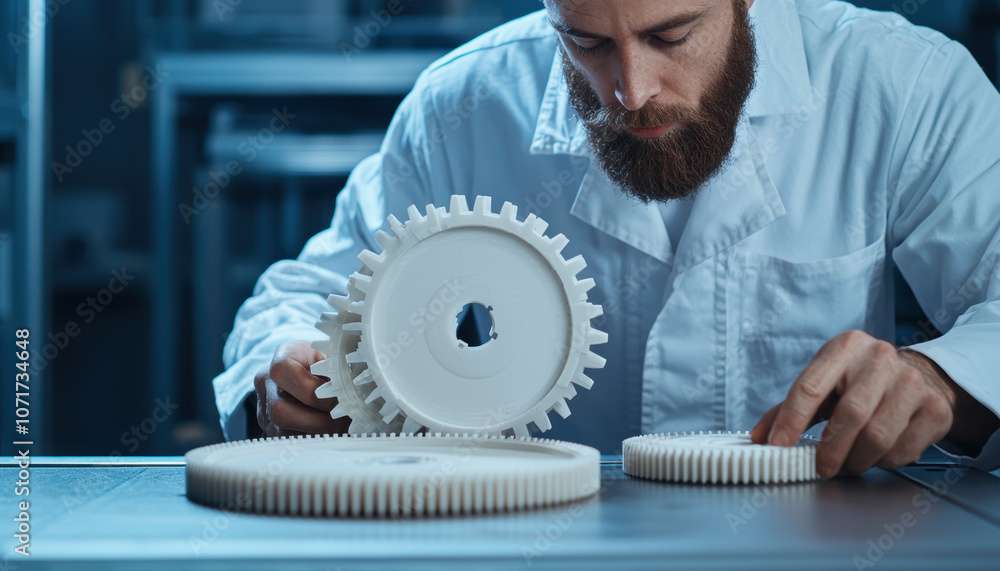 Poster a technician examines gears on a workbench in a lab setting, focusing intently on the mechanics of e