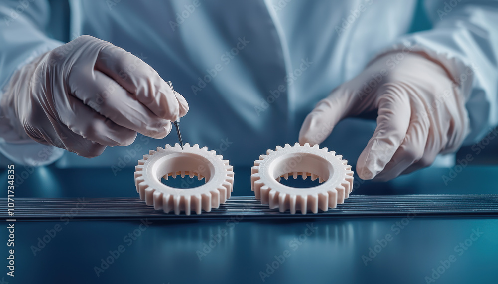 Poster a person in gloves is delicately handling two mechanical gears on a work surface, showcasing a focus